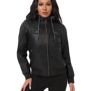 Women Black Faux Leather Waterproof Motorcycle Bomber Biker Jacket